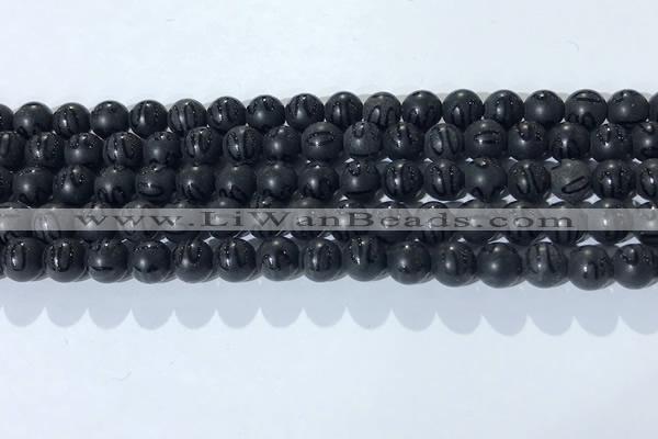 CAA3660 15.5 inches 6mm round matte & carved black agate beads