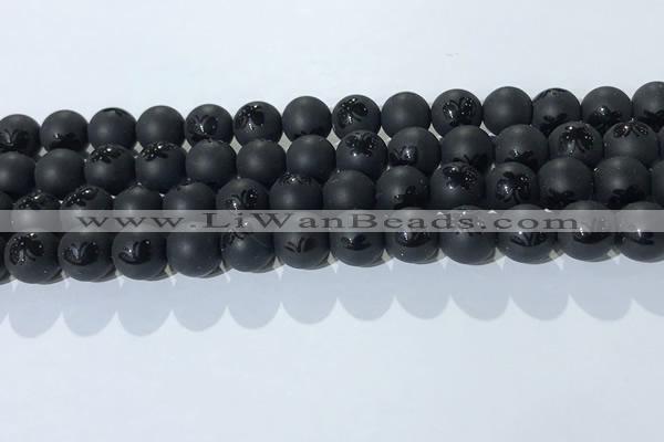CAA3666 15.5 inches 8mm round matte & carved black agate beads