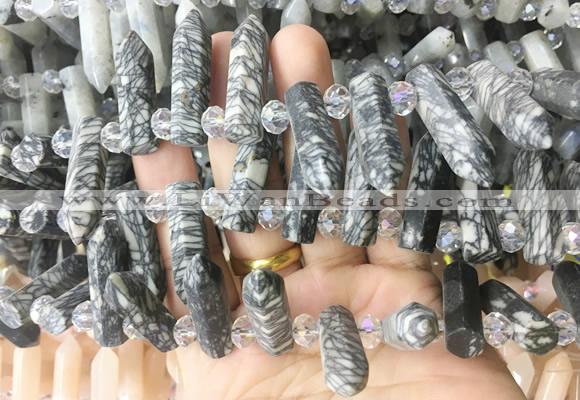 CBBS177 Top drilled 8*28mm - 9*30mm hexahedral prism black net jasper beads