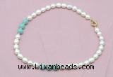 CFN314 9 - 10mm rice white freshwater pearl & amazonite necklace wholesale