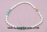 CFN325 9 - 10mm rice white freshwater pearl & amazonite necklace wholesale