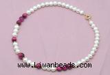 CFN527 9mm - 10mm potato white freshwater pearl & red tiger eye necklace