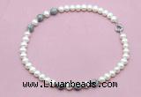 CFN760 9mm - 10mm potato white freshwater pearl & grey picture jasper necklace