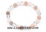 CGB8008 8mm white crystal, rose quartz & sunstone beaded stretchy bracelets