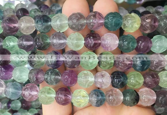 FGBS287 15 inches 10mm carved Lotus flower fluorite gemstone beads