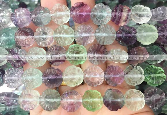 FGBS295 15 inches 12mm carved flower fluorite gemstone beads