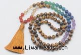 GMN6124 Knotted 7 Chakra 8mm, 10mm yellow tiger eye 108 beads mala necklace with tassel