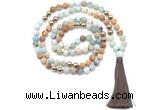 GMN8630 8mm, 10mm matte amazonite, picture jasper & hematite 108 beads mala necklace with tassel