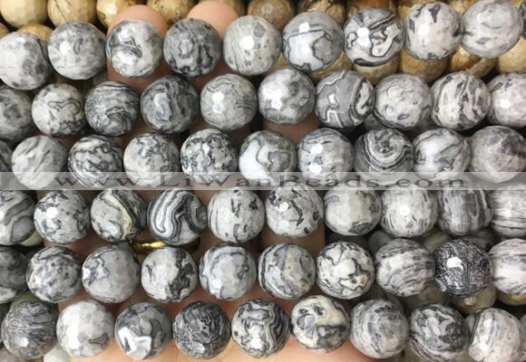 LSBS969 15 inches 14mm faceted round grey picture jasper gemstone beads wholesale