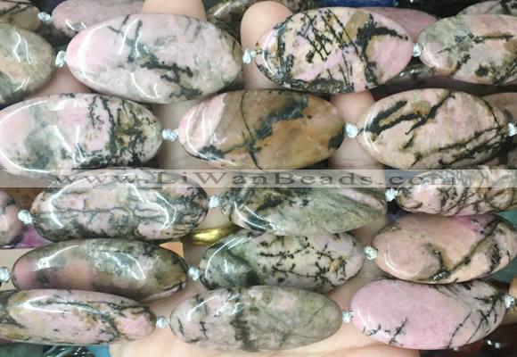OVBS82 15 inches 20*40mm oval black veined rhodonite gemstone beads wholesale